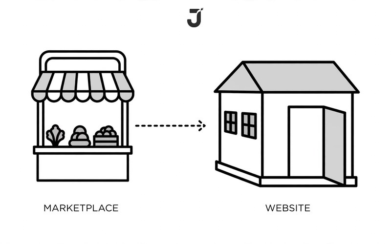Ilustrasi lapak sewaan vs rumah sendiri untuk artikel website vs marketplace